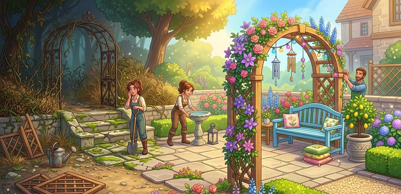 Garden game guide placeholder with a bright garden scene